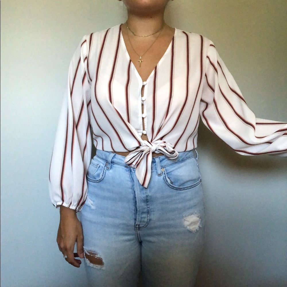 Red and White Front Tie Crop Top Shirt